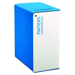Borne De Tri Sélectif 90l Avec Serrure - Support Sac - Cubatri - Blanc / Bleu Ciel 5015 - Papiers Confidentiels - Fente Securisee Avec Deflecteur + Serrure Cle Plate
