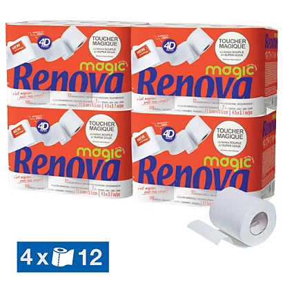 Papier Toilette Renova Magic 2 épaisseurs, Lot De 48 Rouleaux 3 Papier Toilette Renova Magic 2 épaisseurs, Lot De 48 Rouleaux